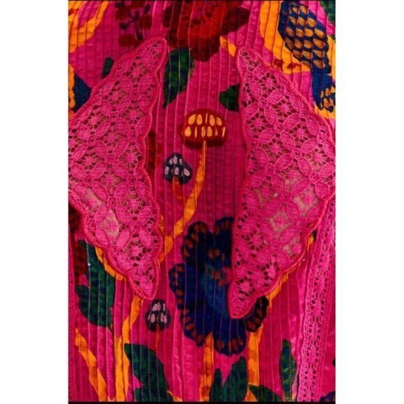 Farm Rio Blouse S Pink Sweet Forest Lace Tropical Floral High Neck Pin - Picture 6 of 15